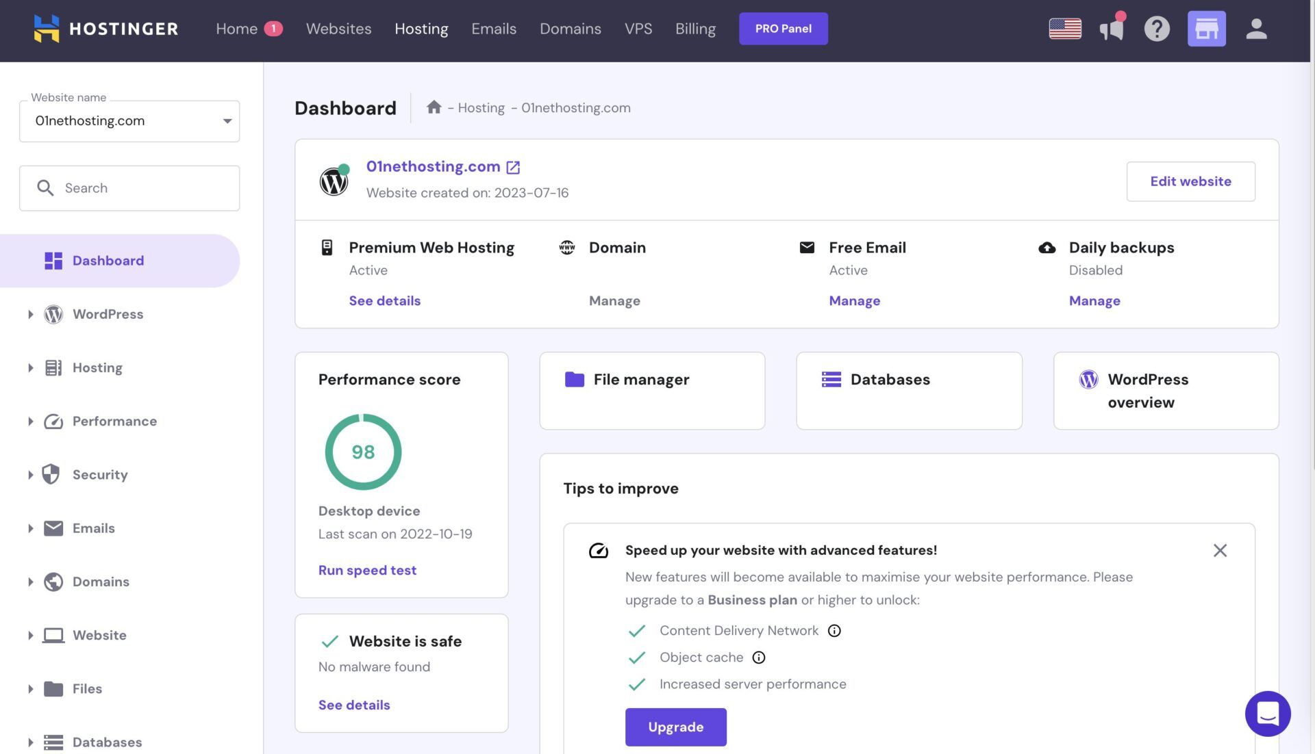 Hostinger hPanel Dashboard