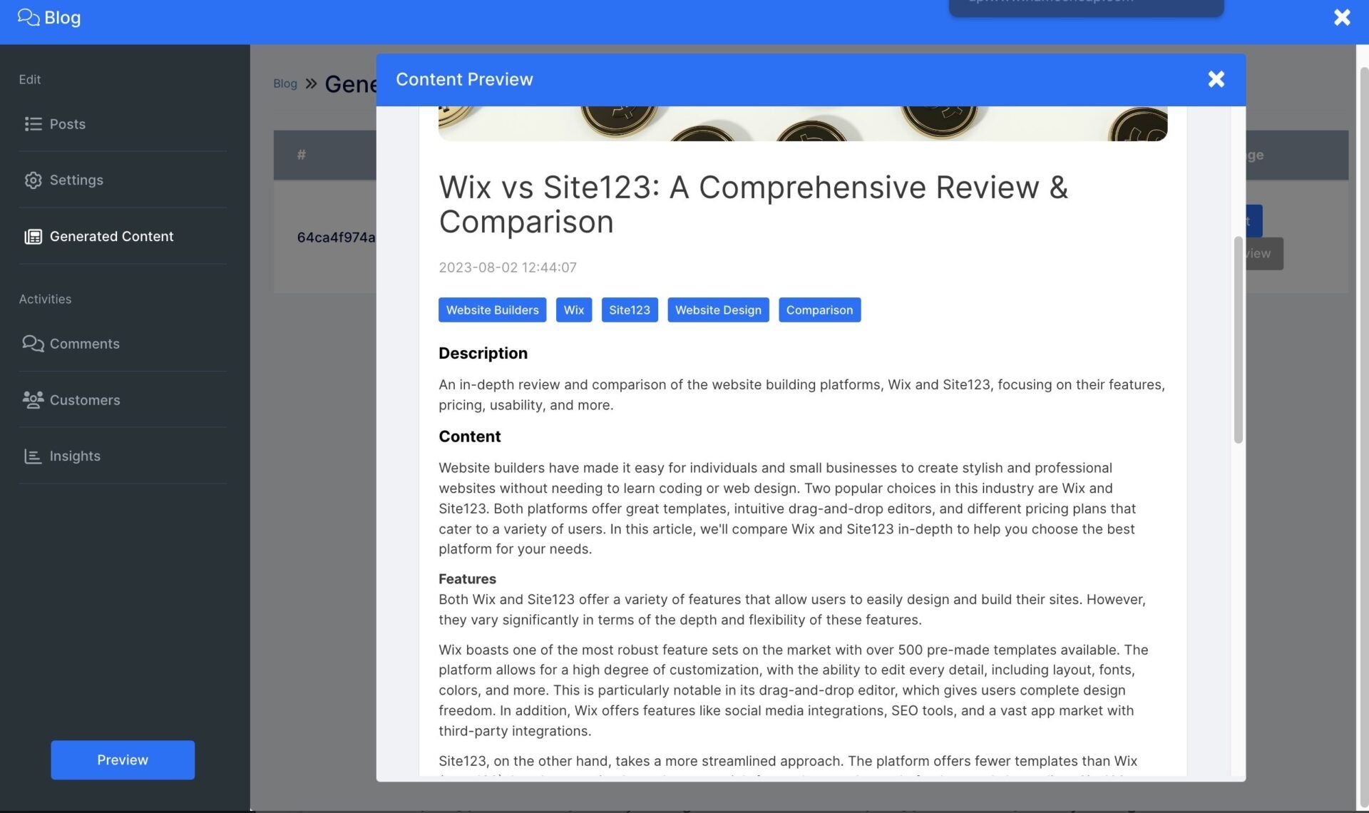 Site123 Blogging Tool - Generated Content Preview