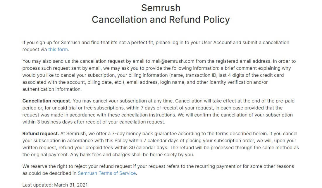 Semrush Refund Policy