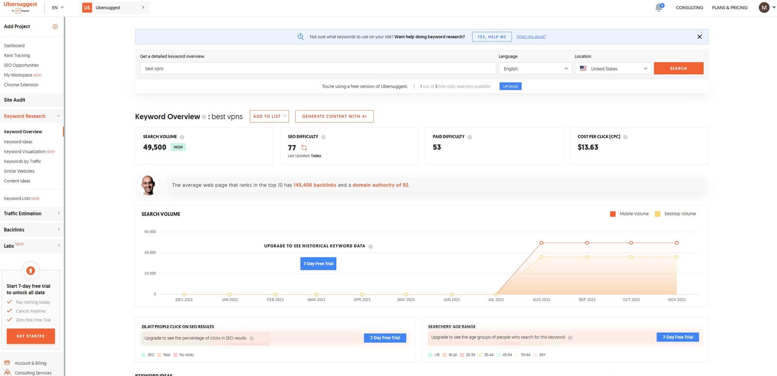 Ubersuggest Free SEO Tool