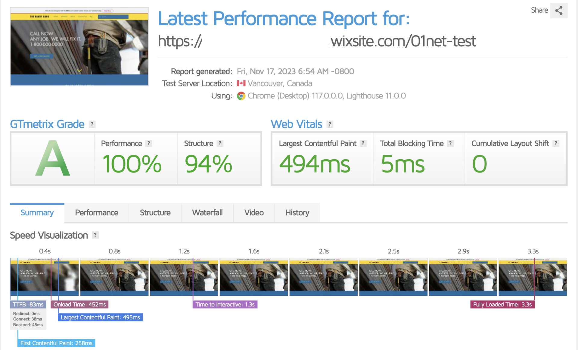 Wix GTmetrix Test Results