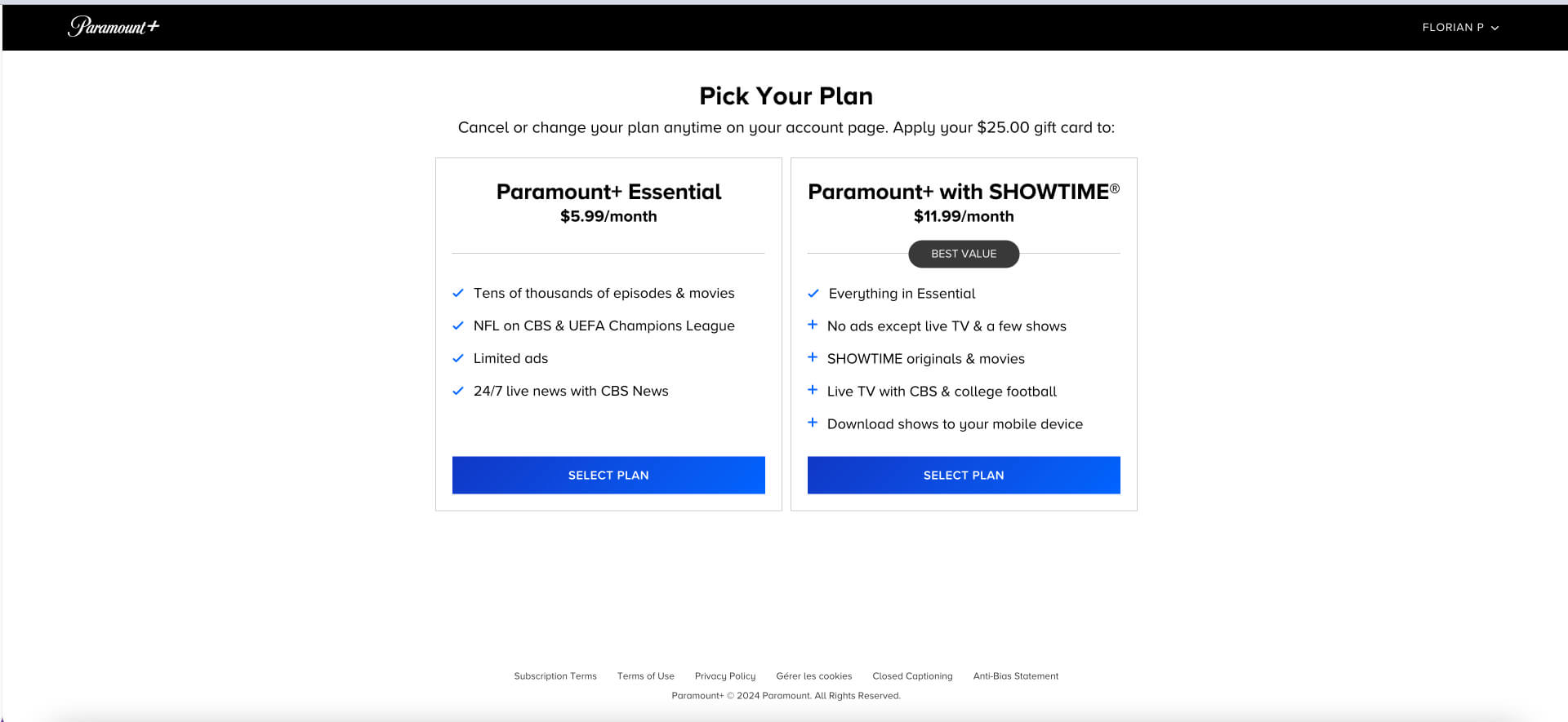 Paramount+ Registration Page