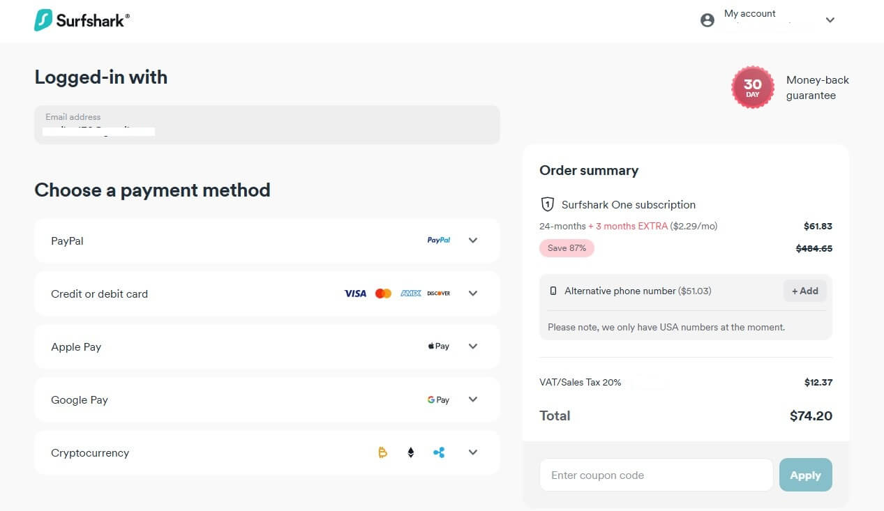Surfshark Payment