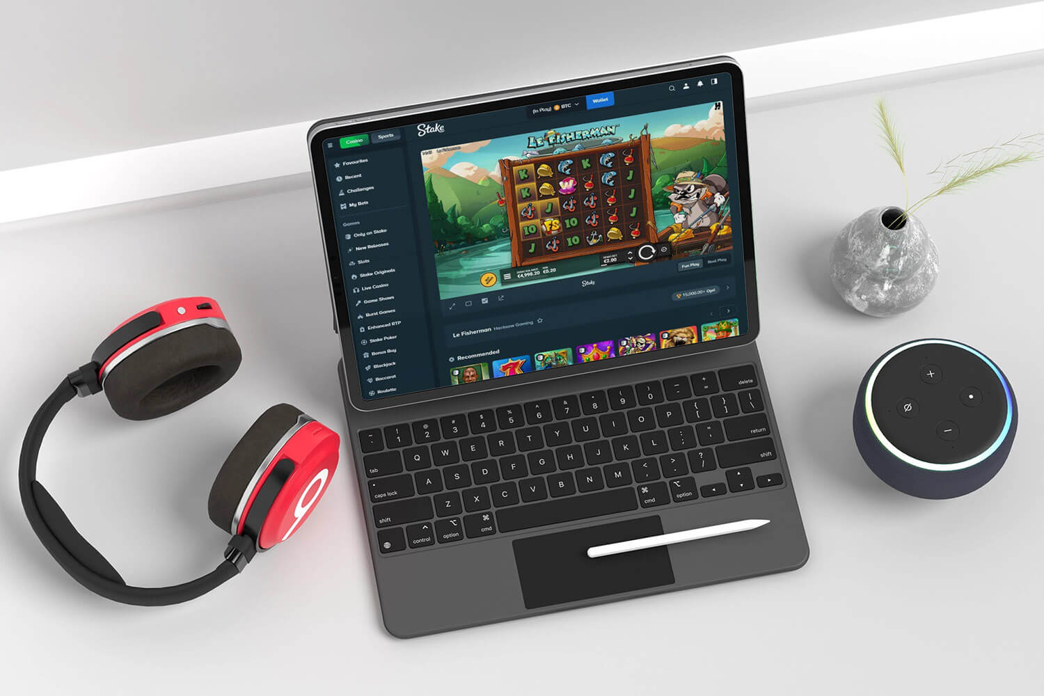 Interface du casino Stake montrant des jeux et un portefeuille crypto
