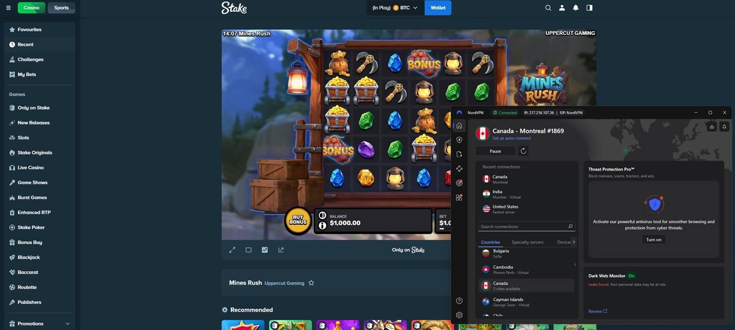 Interface de Stake casino montrant des jeux et des options de bonus