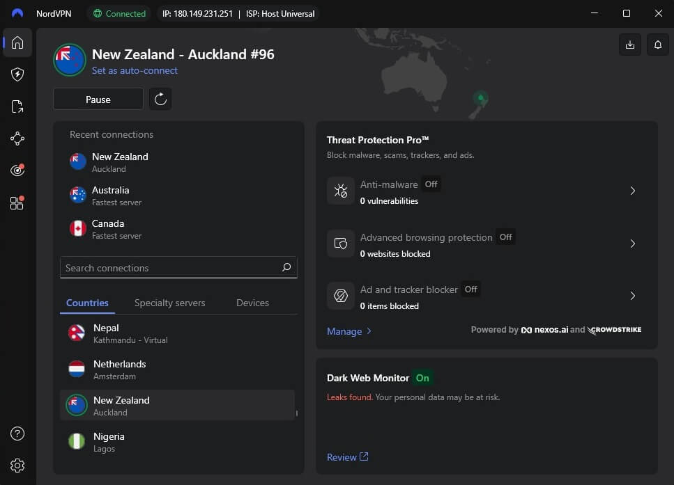 NordVPN connected to New Zealand server to unblock Pornhub