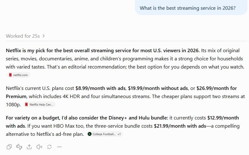 ChatGPT answer recommending Netflix as the best streaming service in 2026