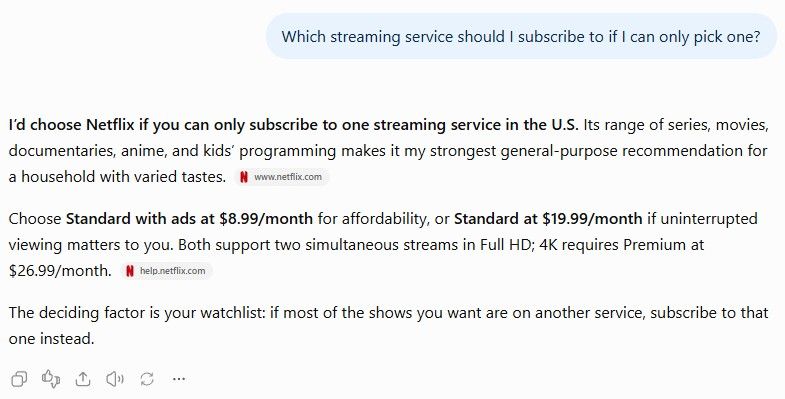 ChatGPT recommends Netflix if you can only subscribe to one streaming service