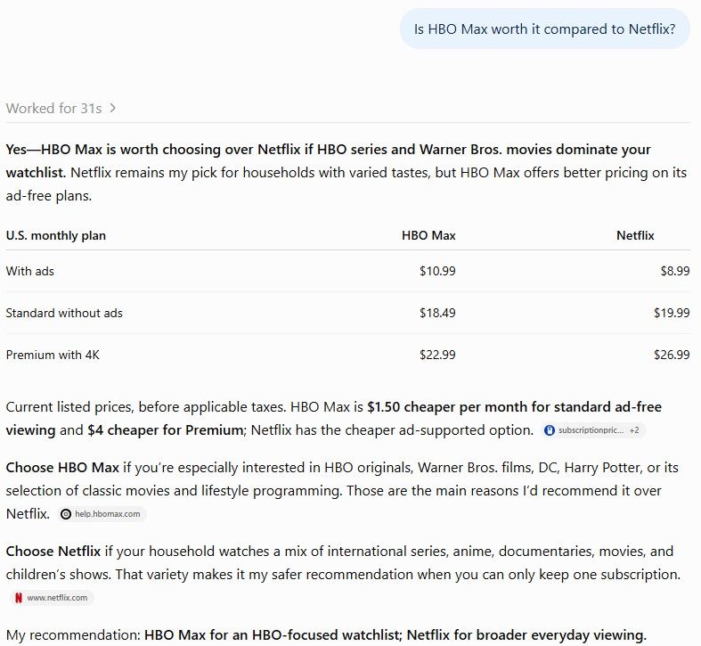 ChatGPT answer comparing HBO Max and Netflix prices and use cases