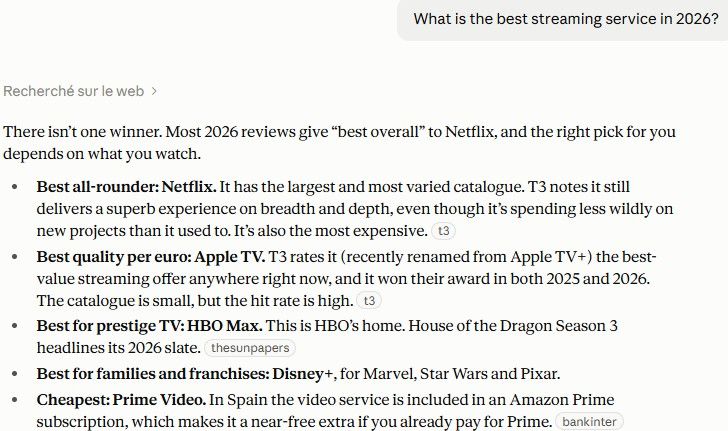 Claude answer listing Netflix, Apple TV, HBO Max, Disney+ and Prime Video by category