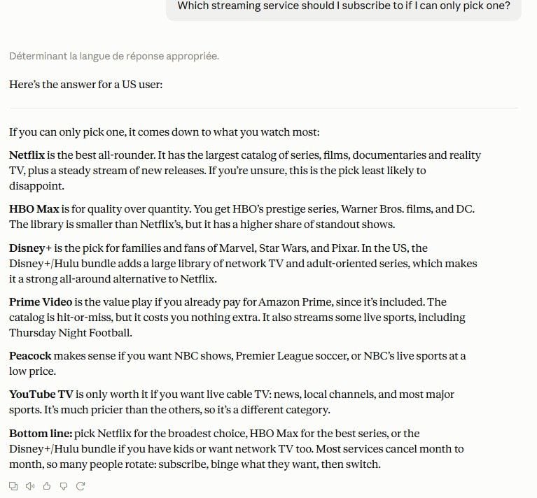 Claude ranks Netflix first, then HBO Max, Disney+, Prime Video, Peacock and YouTube TV