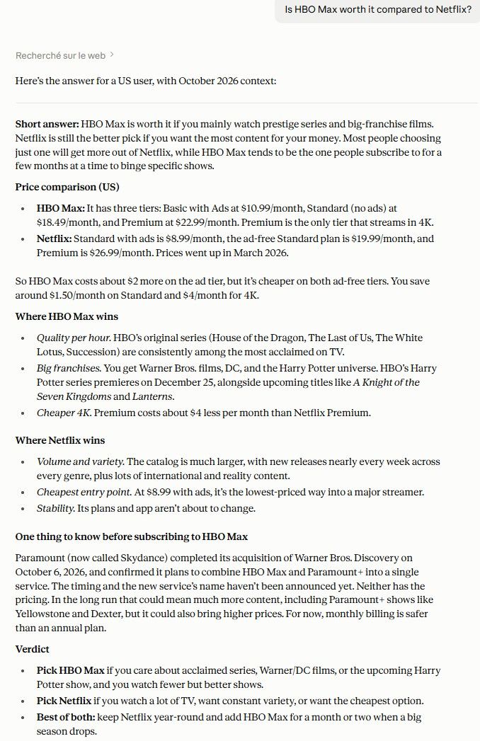 Claude answer on whether HBO Max is worth it compared to Netflix, with pricing and a verdict