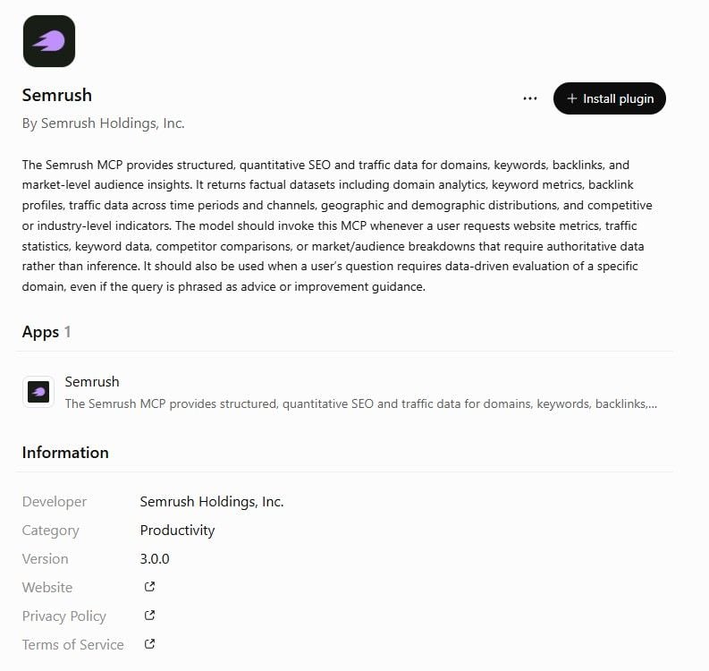 Official Semrush app page in ChatGPT with the Install button