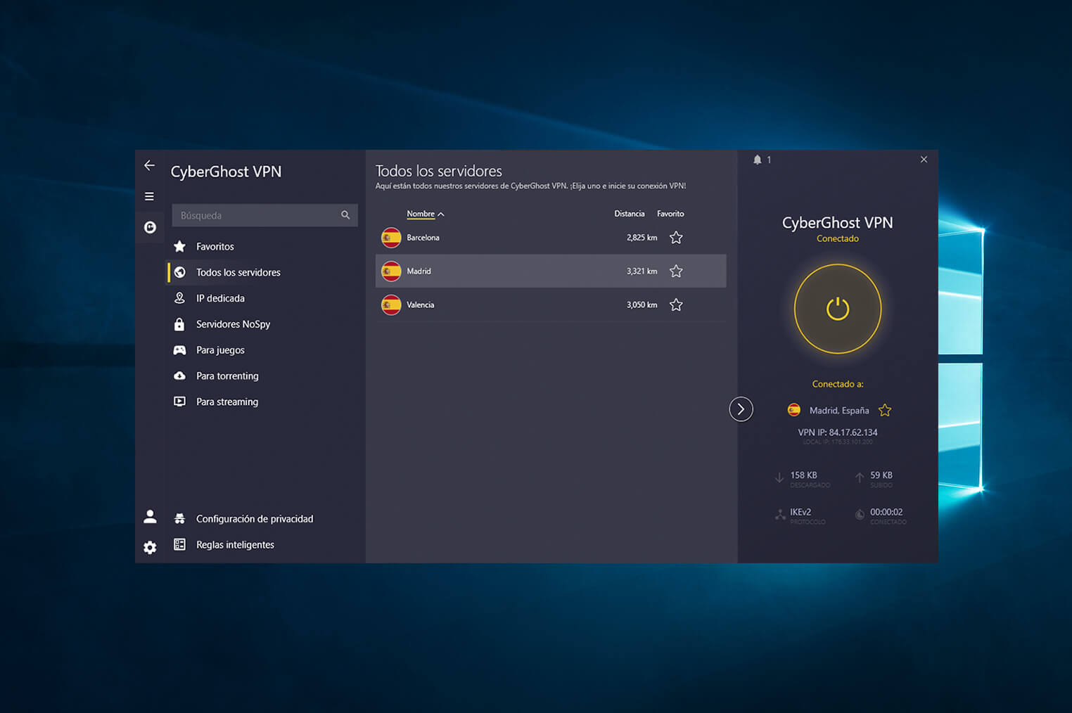 Conectarte a una IP de España con CyberGhost VPN