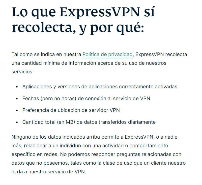 Datos Registrados por ExpressVPN