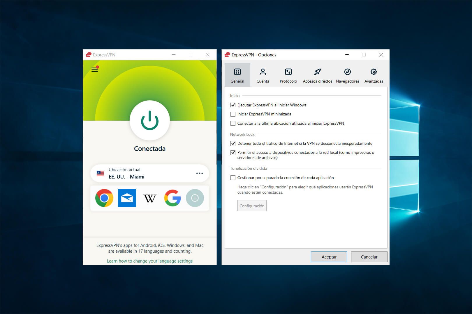 Opciones de ExpressVPN