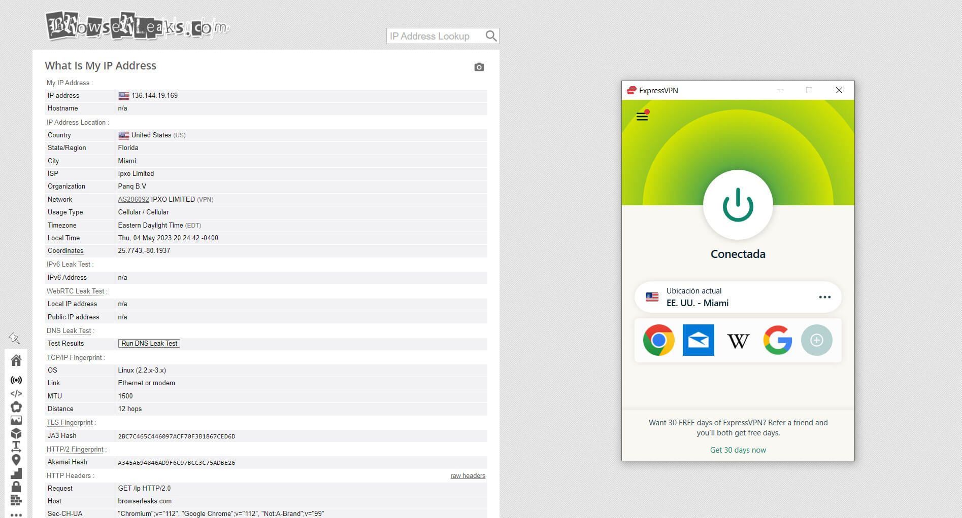 Prueba de fugas de IP y DNS de ExpressVPN Browserleaks