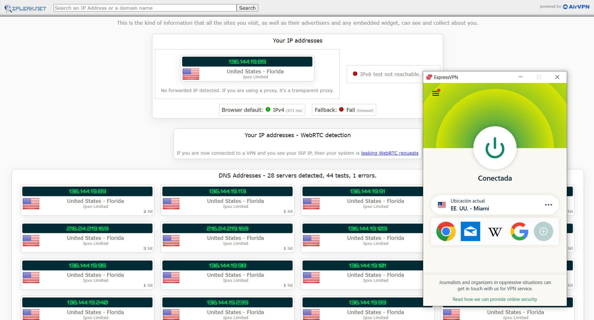 Prueba de fugas de IP y DNS de ExpressVPN IPleak