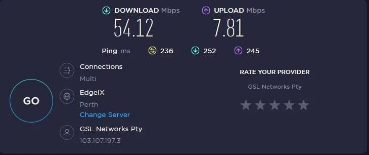 ProtonVPN Australia Test de Velocidad