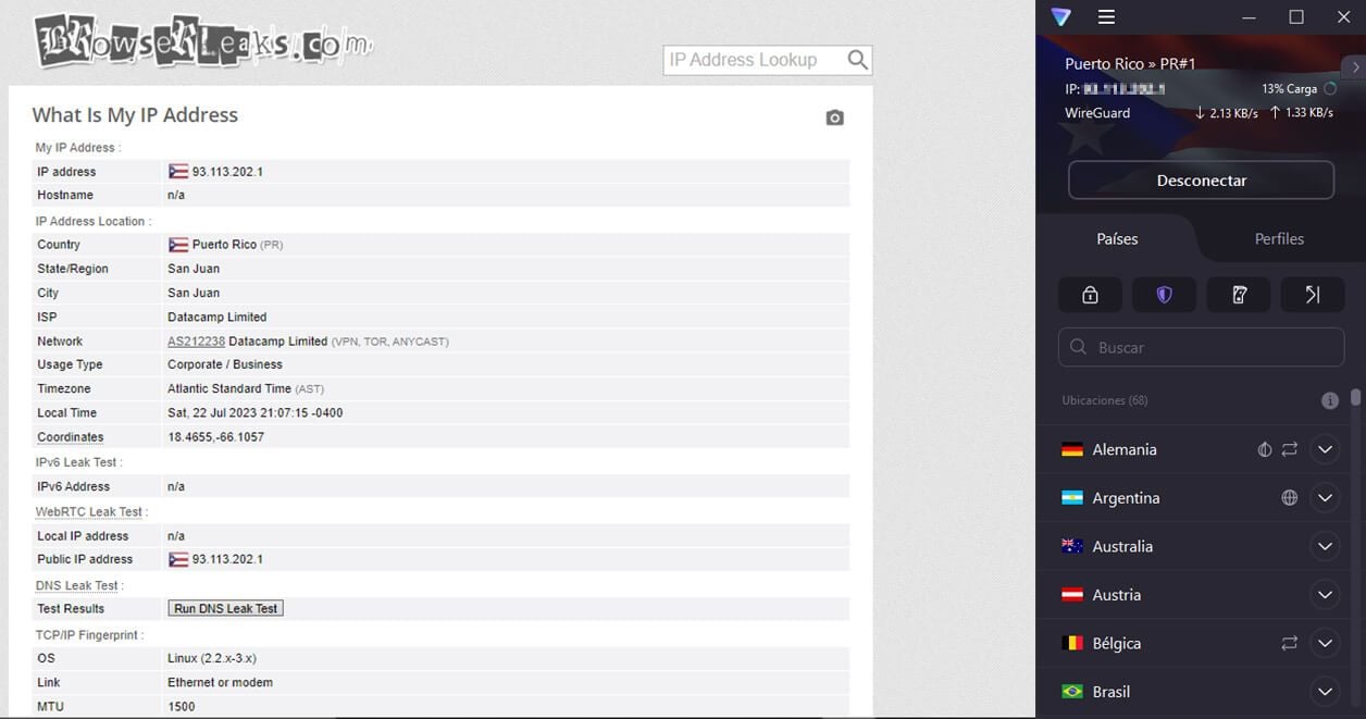 Prueba de fuga de IP ProtonVPN Browserleaks