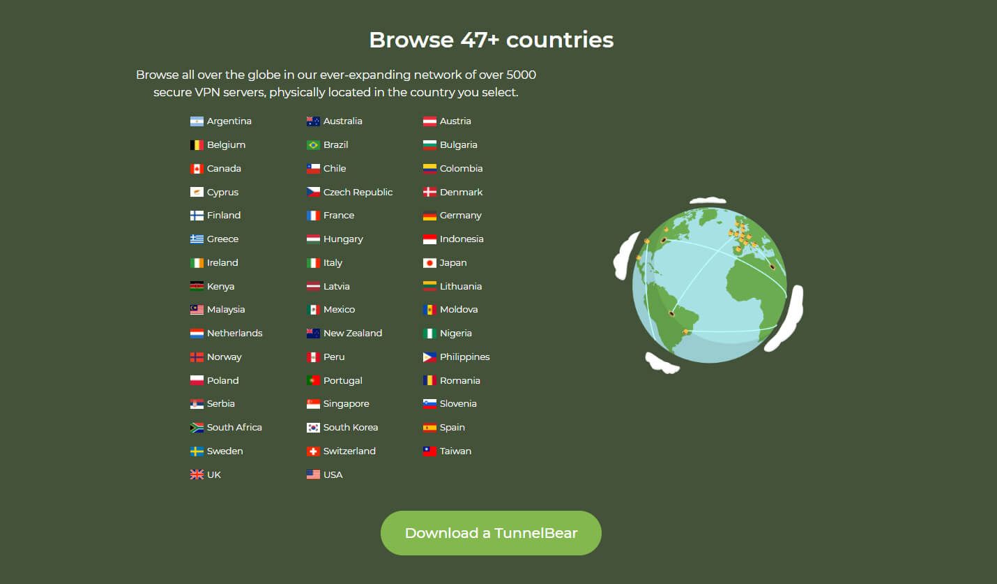 Servidores ubicaciones TunnelBear