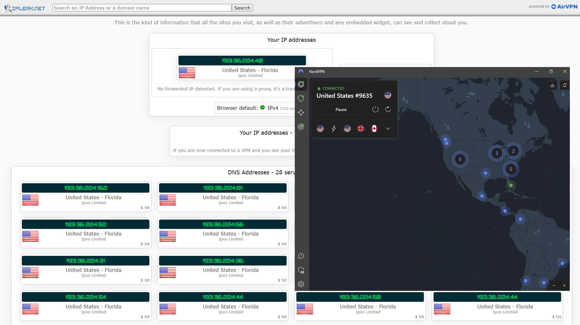 Test de fuga de IP IPleak Estados Unidos