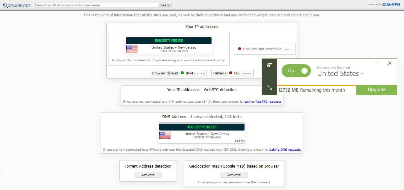 Prueba de fugas de IP TunnelBear VPN IPleak