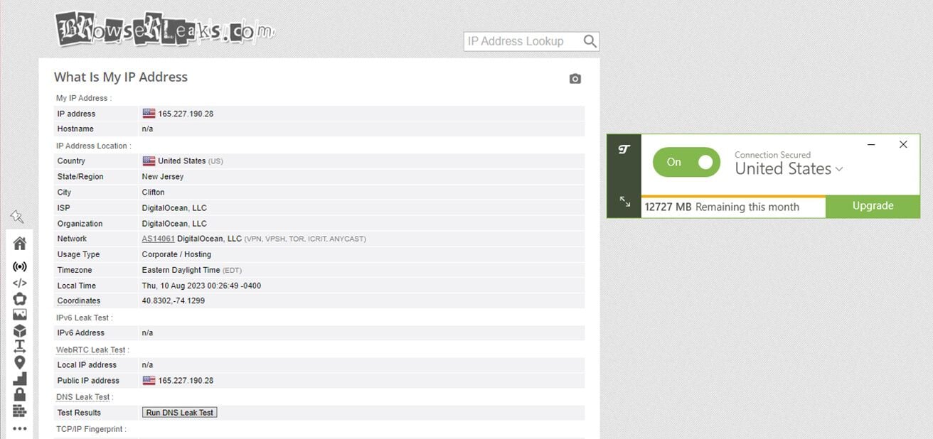 Prueba de fugas de IP TunnelBear VPN Browserleaks