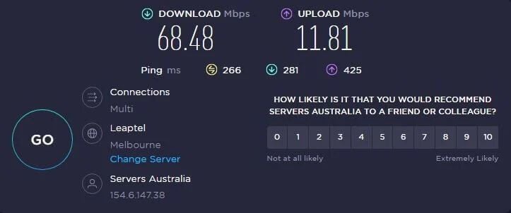 CyberGhost Test de Velocidad Australia