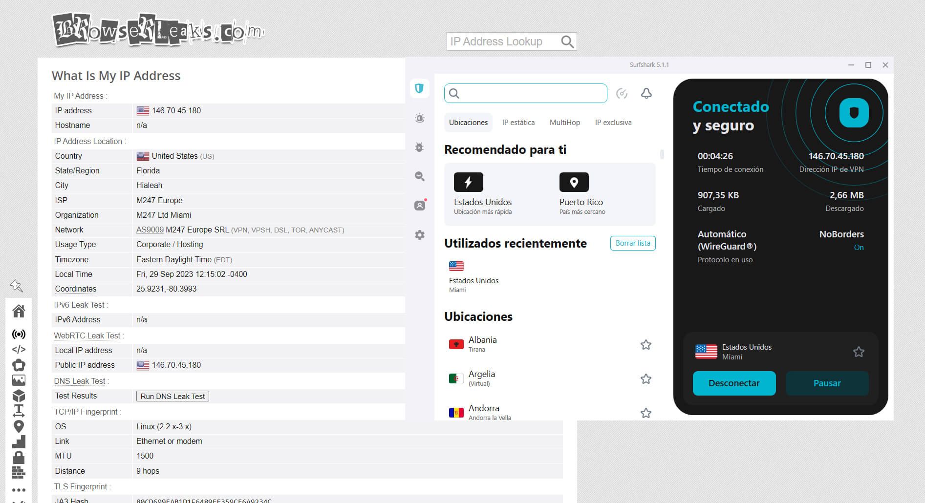 Prueba Fuga de IP Surfshark Browserleaks