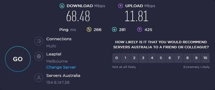 Test de velocidad CyberGhost Australia