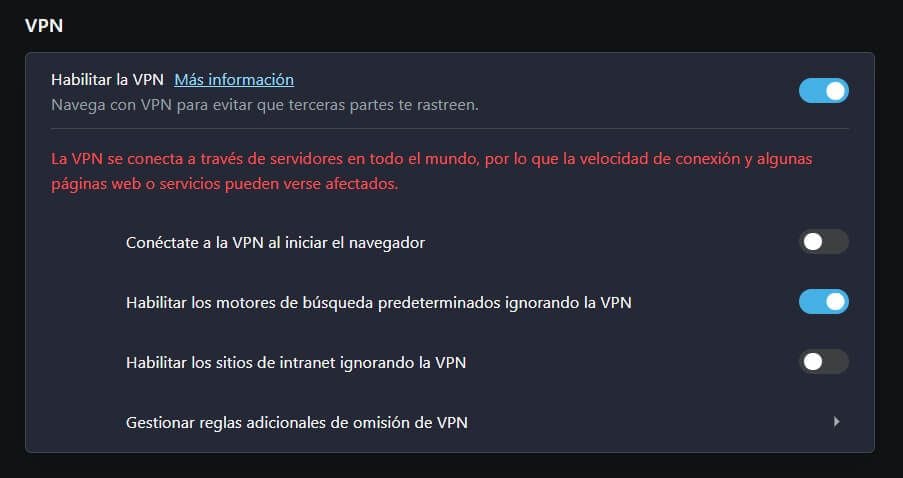 Ajuestes Opera VPN