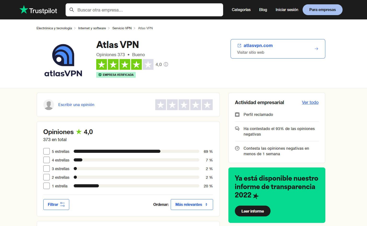 Atlas VPN Opiniones Trustpilot