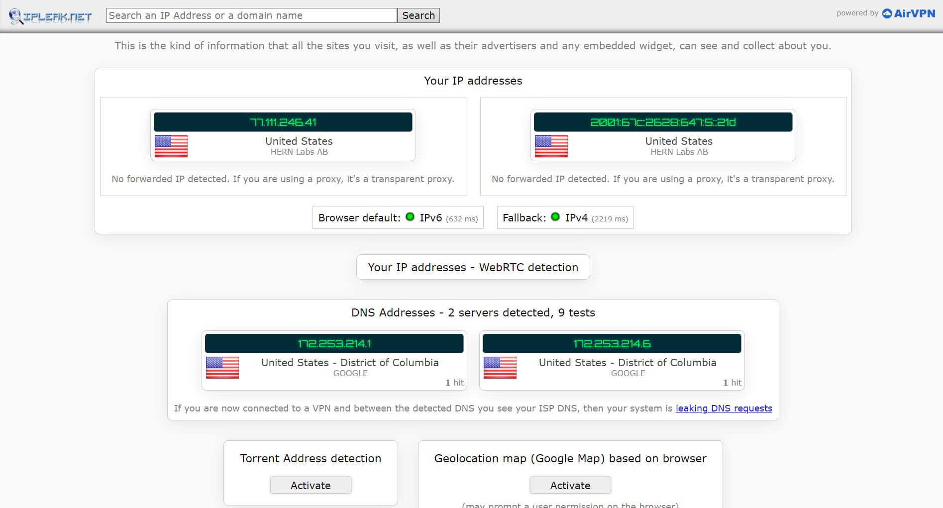 Pruega Fuga de IP Opera VPN IPleak