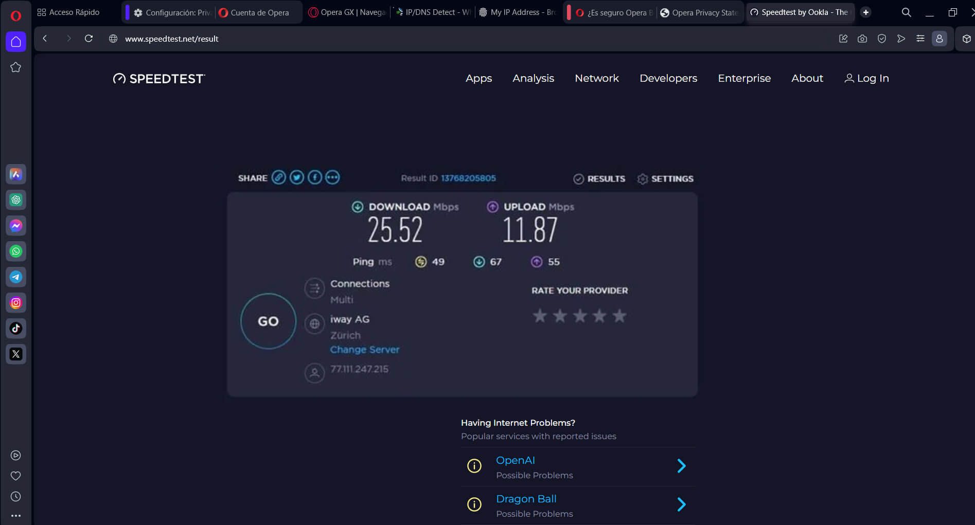 Test velocidad Opera VPN Europa