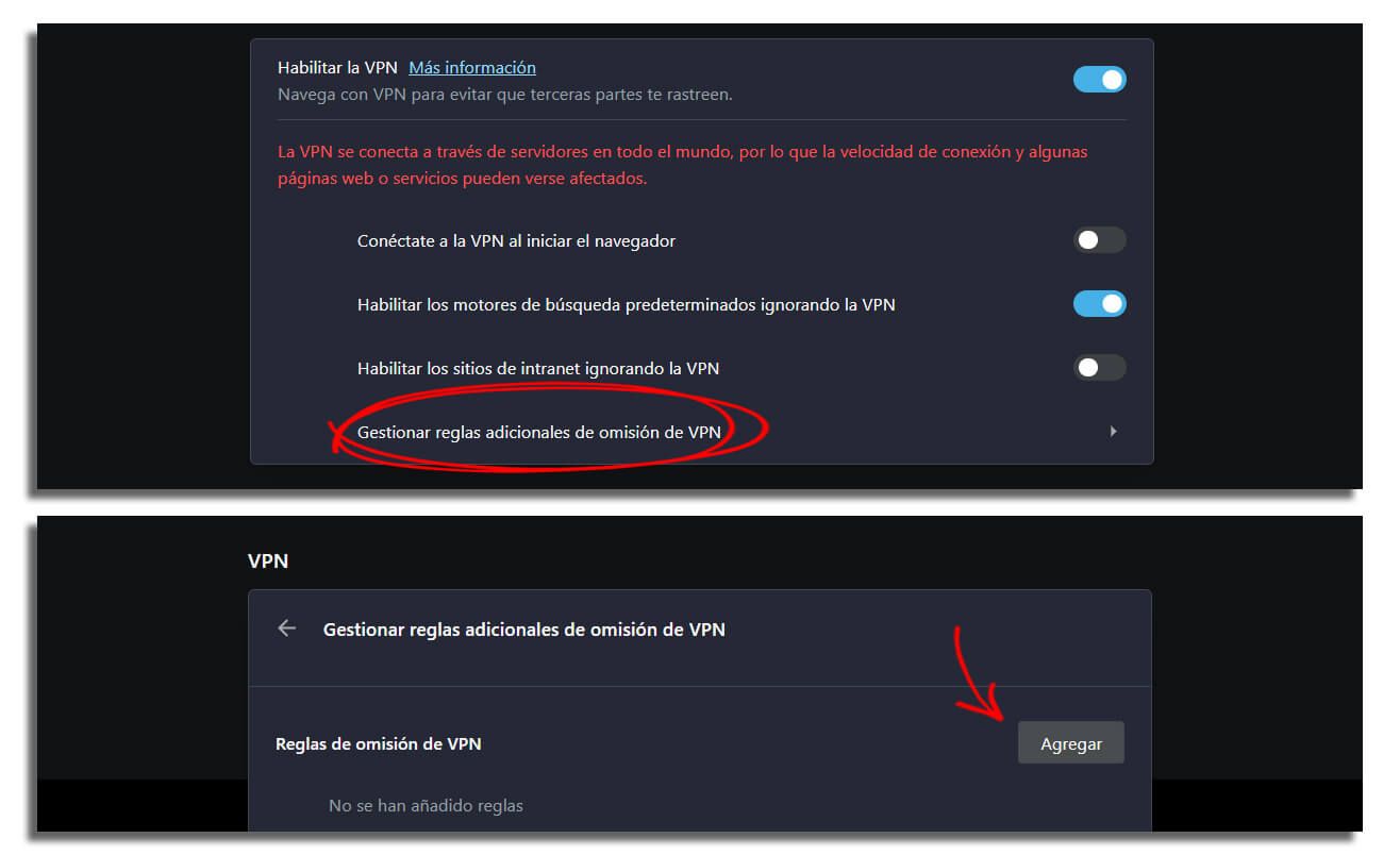 Túnel dividido Excepciones Opera VPN