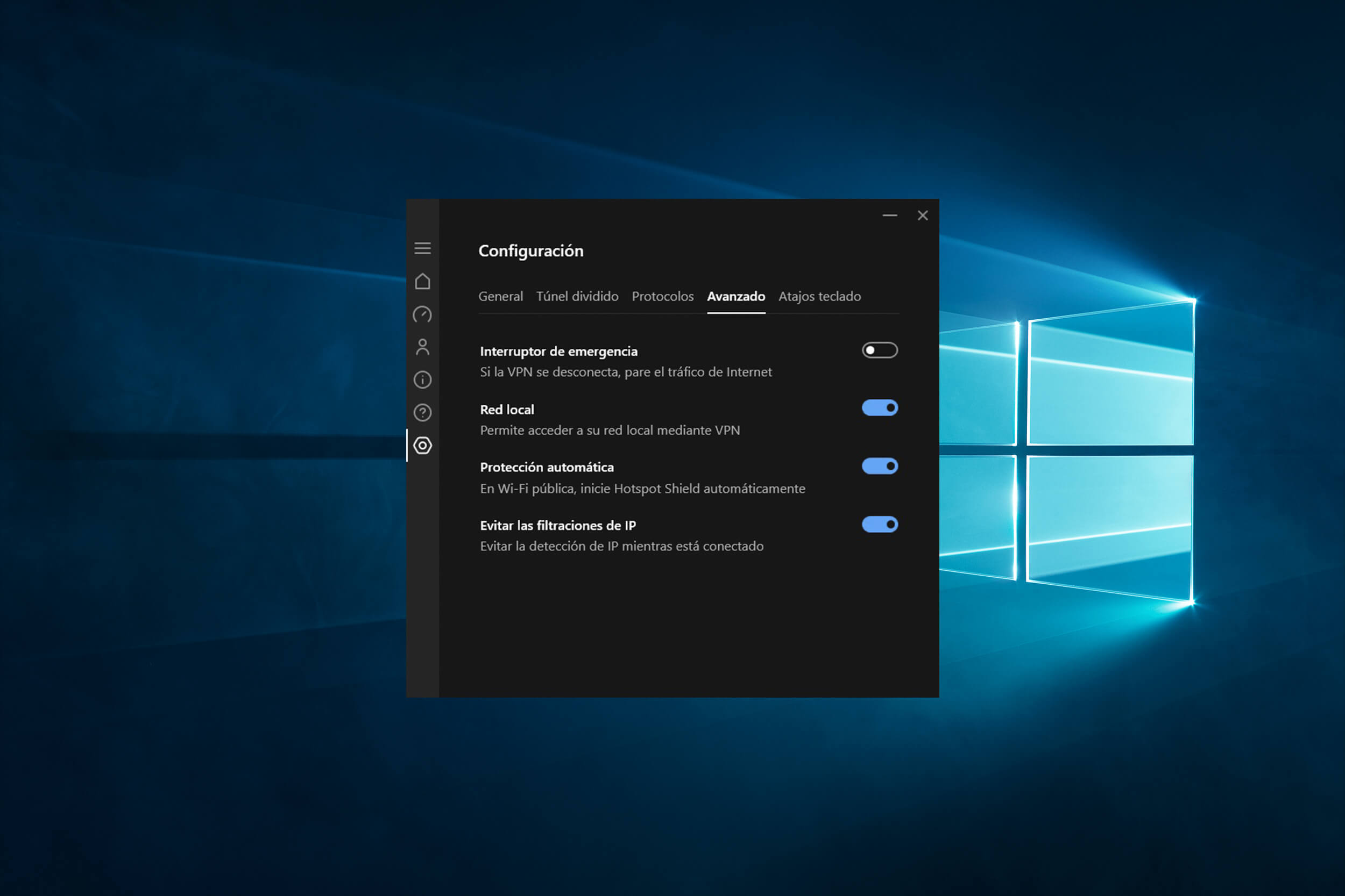 Ajustes avanzados app de Hotspot Shield Windows