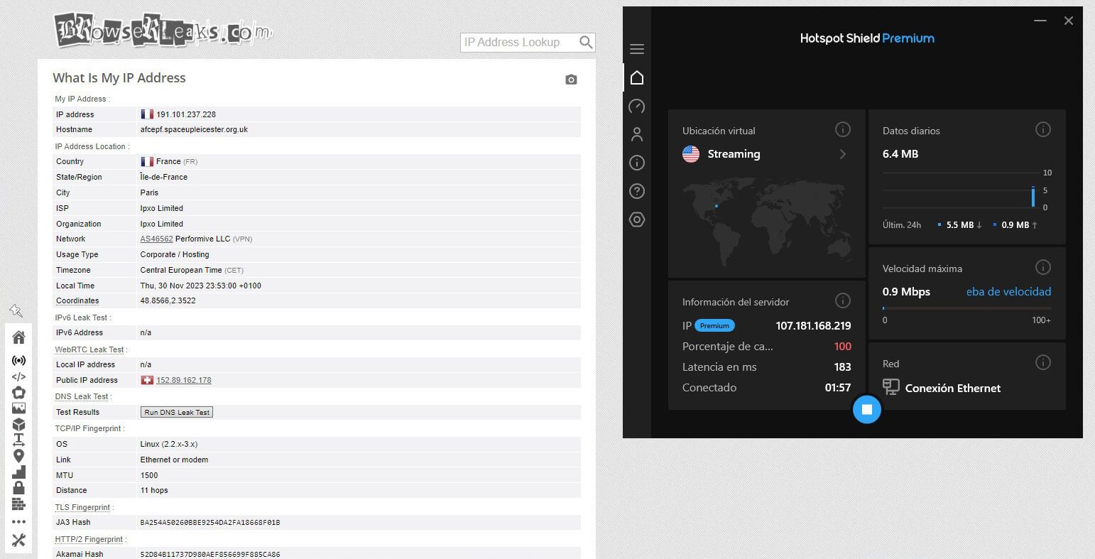 Browserleaks prueba fugas de IP Hotspot Shield