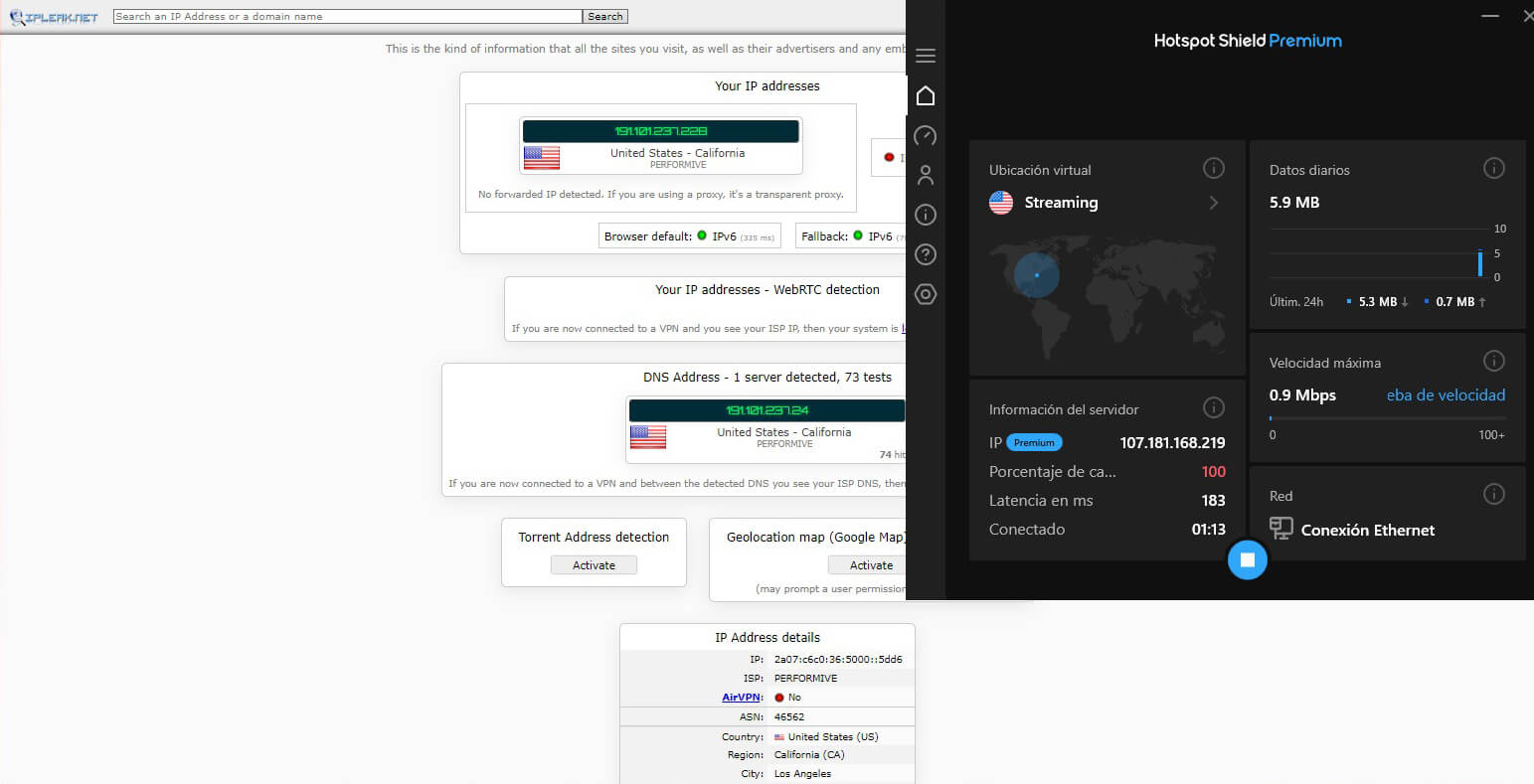 IPLeak Prueba Fugas de IP Hotspot Shield