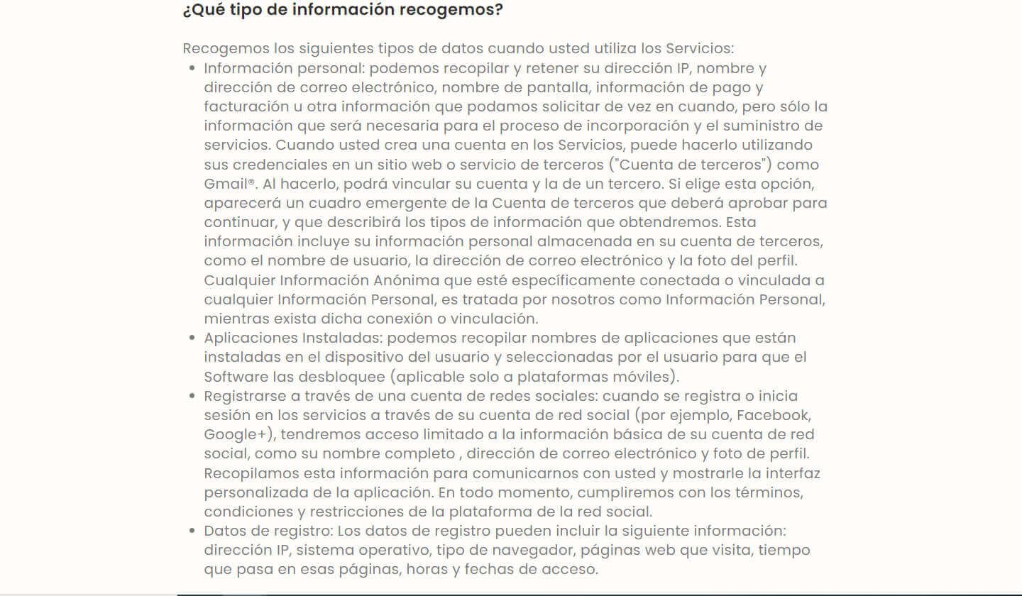 Información registrada Hola VPN