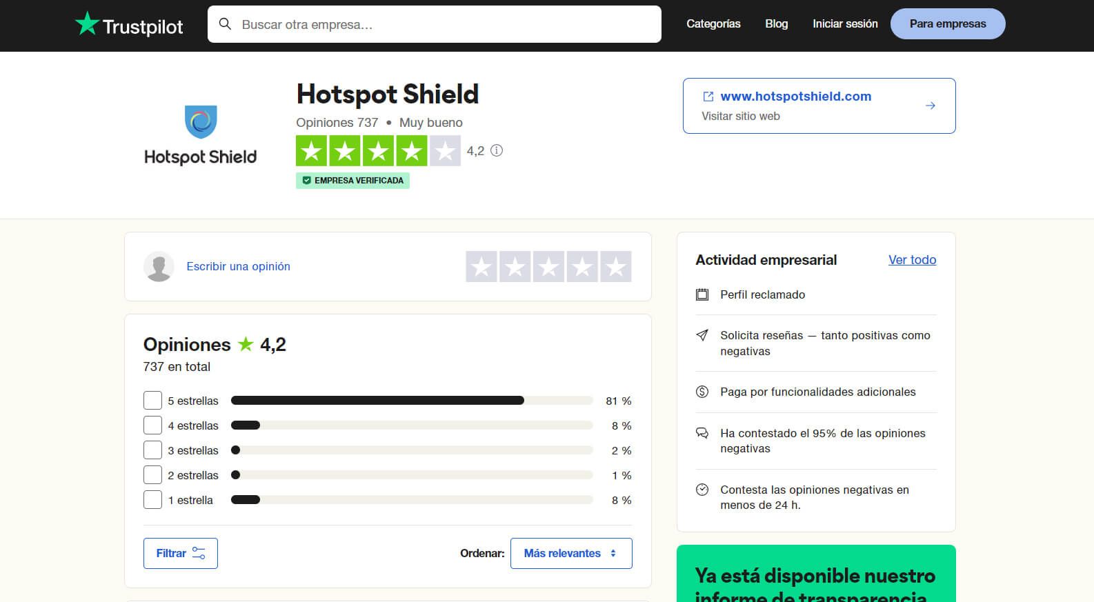 Opiniones Hotspot Shield VPN Trustpilot