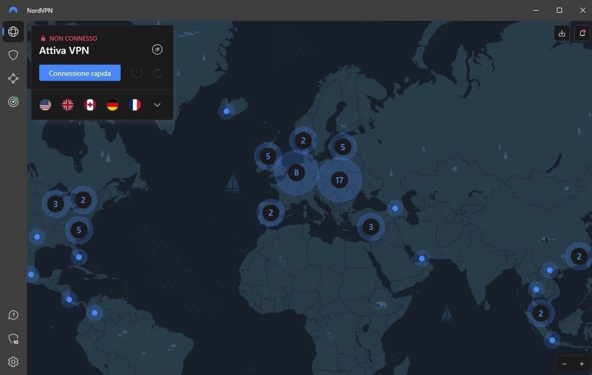 Interfaccia app NordVPN per guardare canali TV italiani
