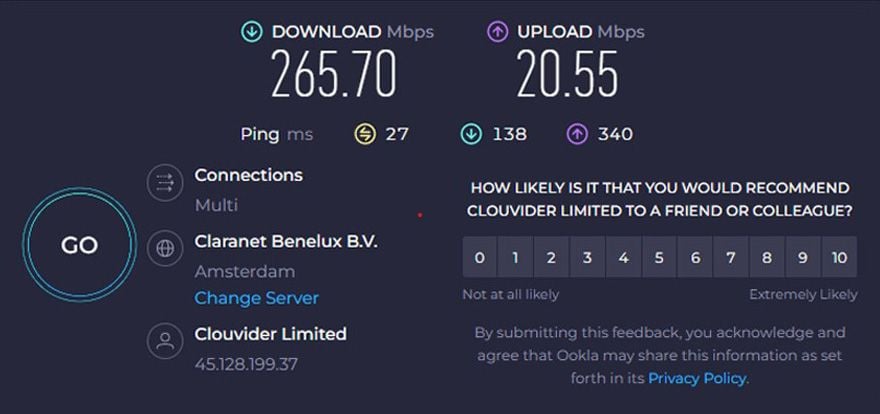 ExpressVPN Hollanda hız testi