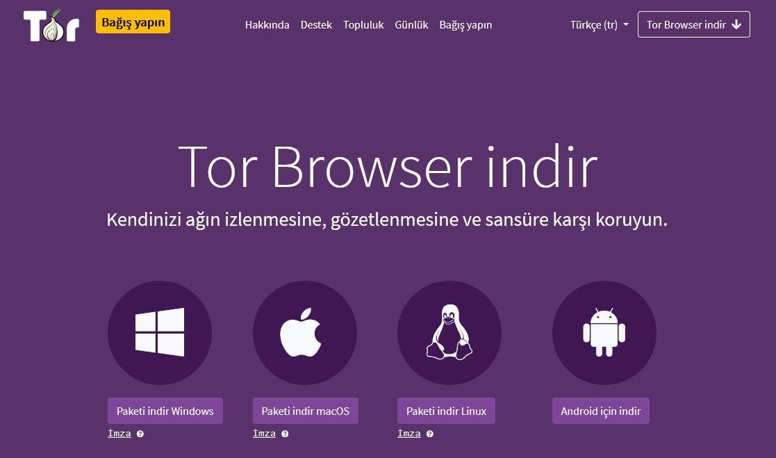 Tor Browser indirme sayfası