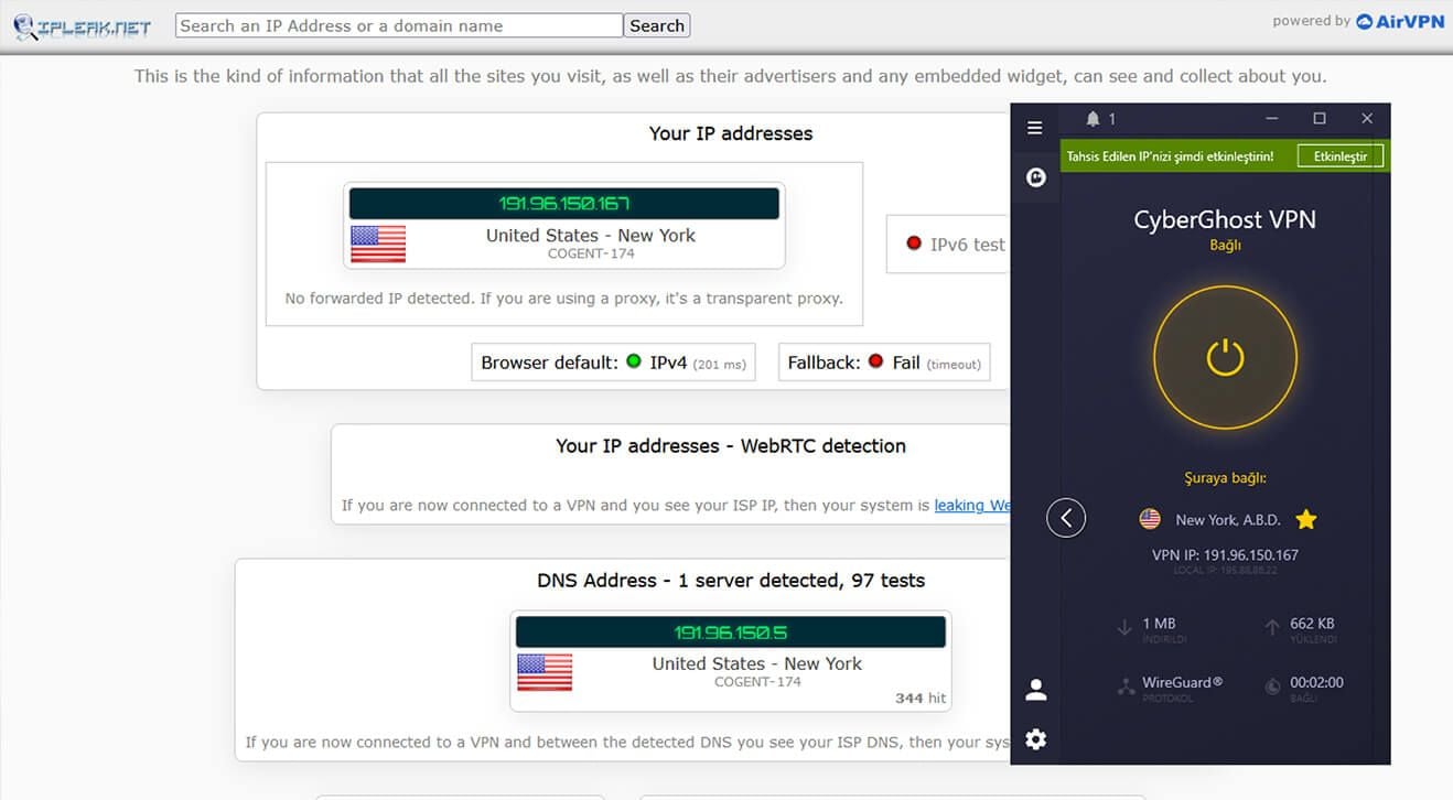 CyberGhost IP DNS sızıntı testi 1