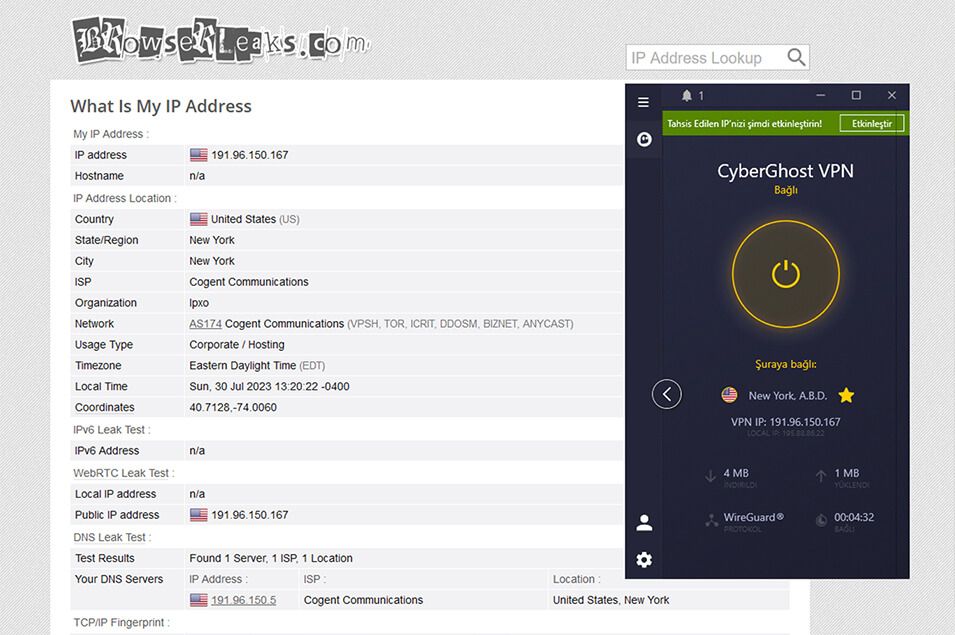 CyberGhost IP DNS sızıntı testi 2