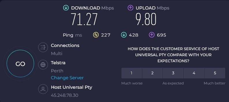 NordVPN Avustralya hız testi