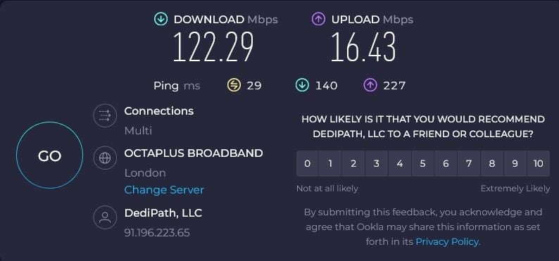 NordVPN İngiltere hız testi