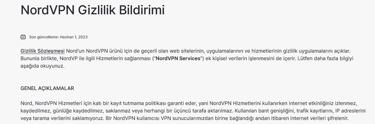 NordVPN gizlilik sözleşmesi