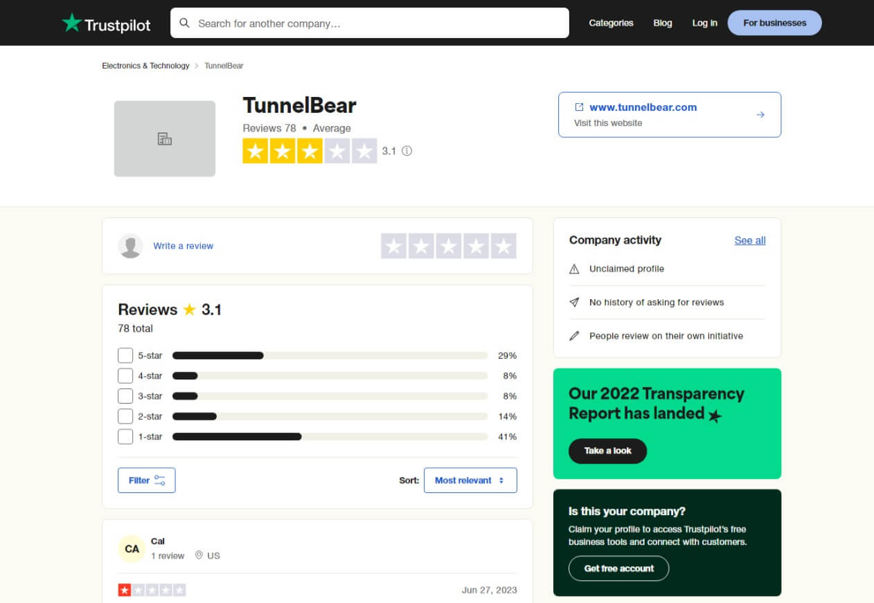 TunnelBear TrustPilot